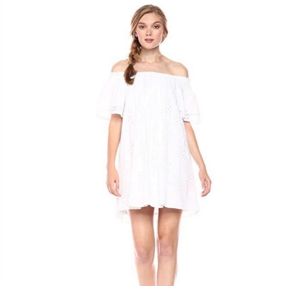 J.O.A. Lace Eyelet Off The Shoulder White Baby Doll Dress